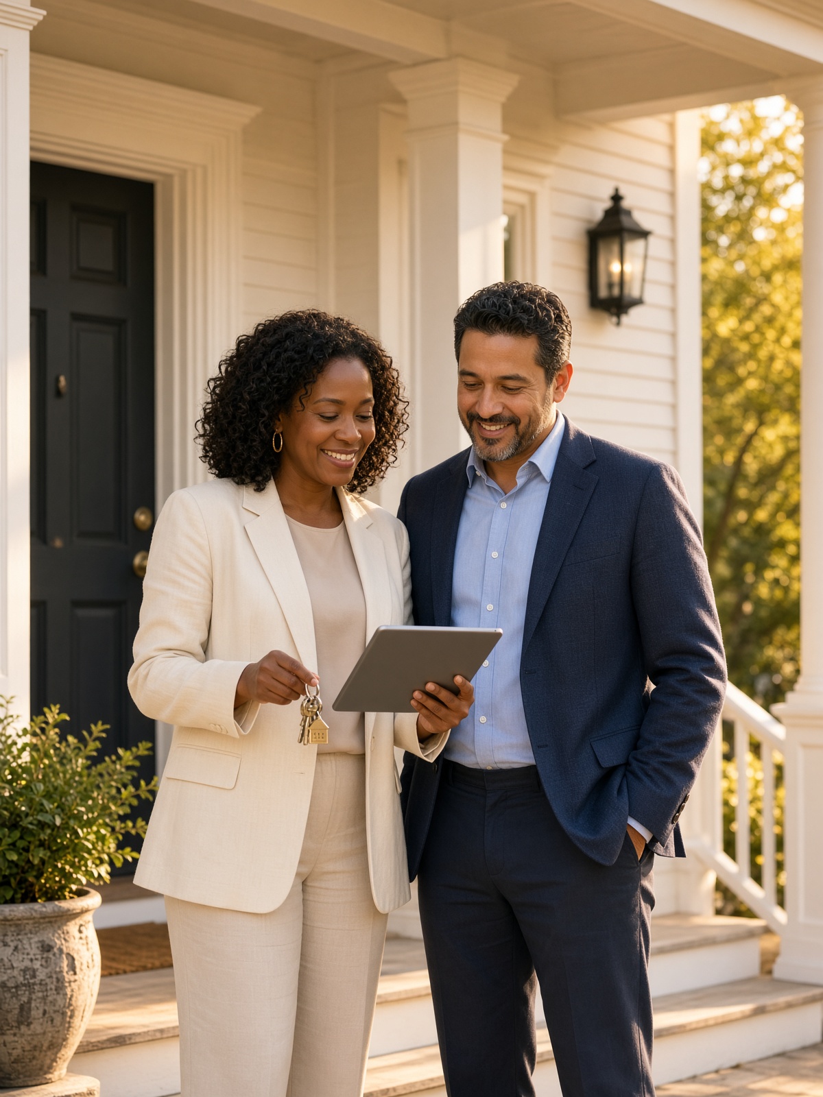 A mortgage advisor and a real estate agent reviewing a listing together on a front porch